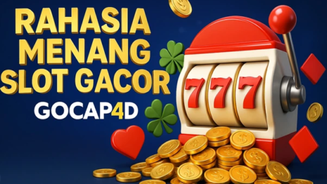 Ilustrasi 3D HD strategi rahasia menang slot gacor di GOCAP4D dengan efek visual jackpot, simbol scatter, dan suasana permainan mewah.
