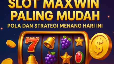 Ilustrasi 3D Slot Maxwin Paling Mudah menampilkan mesin slot modern dengan koin emas bertebaran dan simbol kemenangan klasik di latar malam elegan